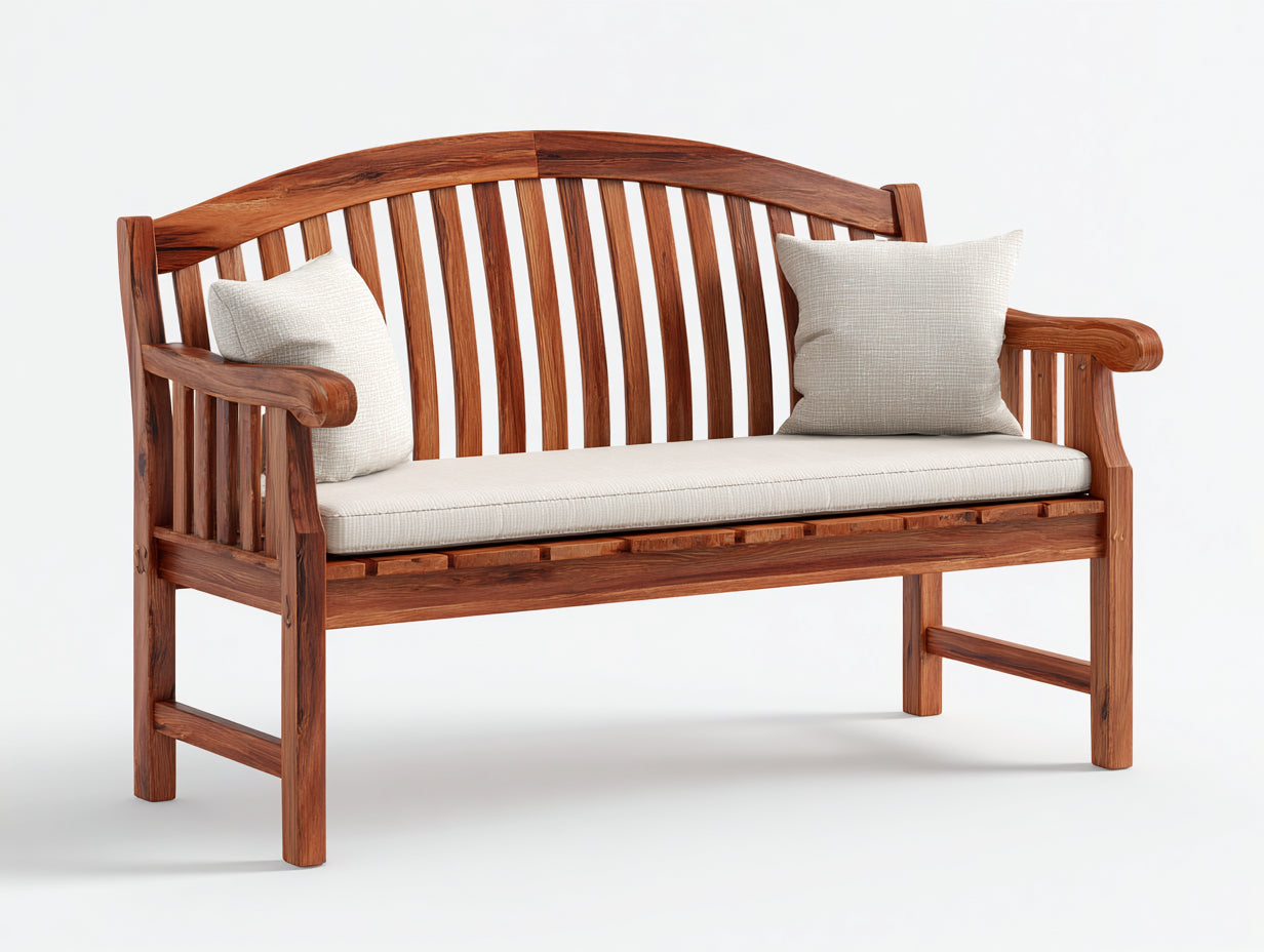 Bancos de jardín de madera maciza 150x60x95 cm - marrón-crema - respaldo curvo con cojín
