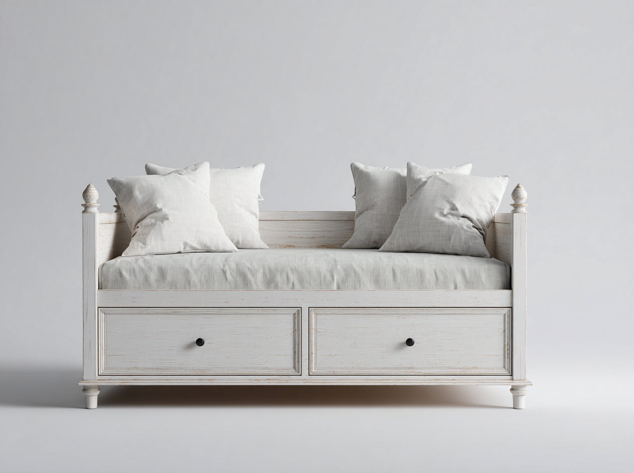 Sofás cama de madera MDF 205x96x92 cm blanco envejecido para dormitorio con 2 cajones estilo clásico