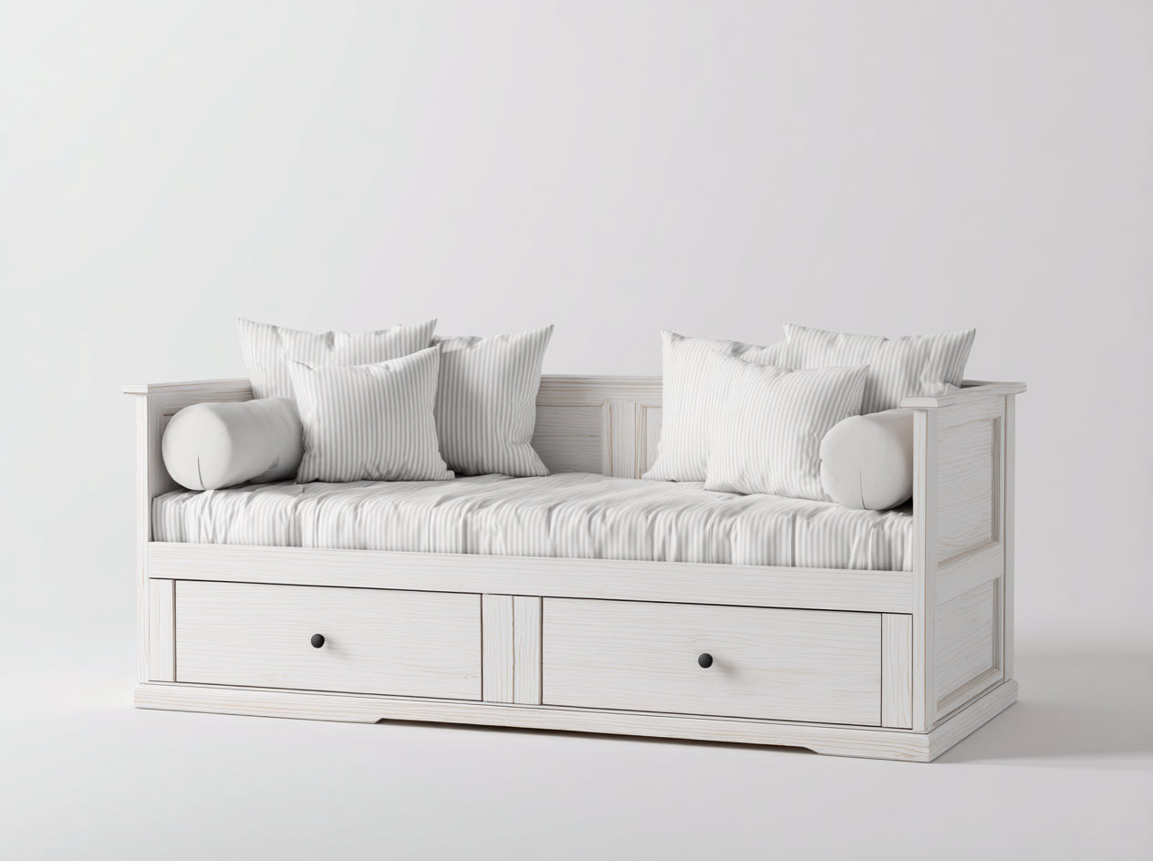 Sofás cama de madera 210 x 100 x 88 cm - blanco gris claro y negro - diseño clásico con 2 cajones