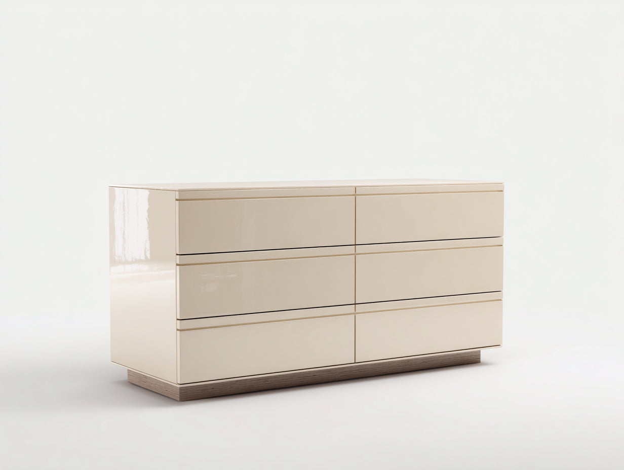 Cómodas lacadas 160 x 45 x 80 cm - beige brillante y madera natural - diseño moderno con 6 cajones