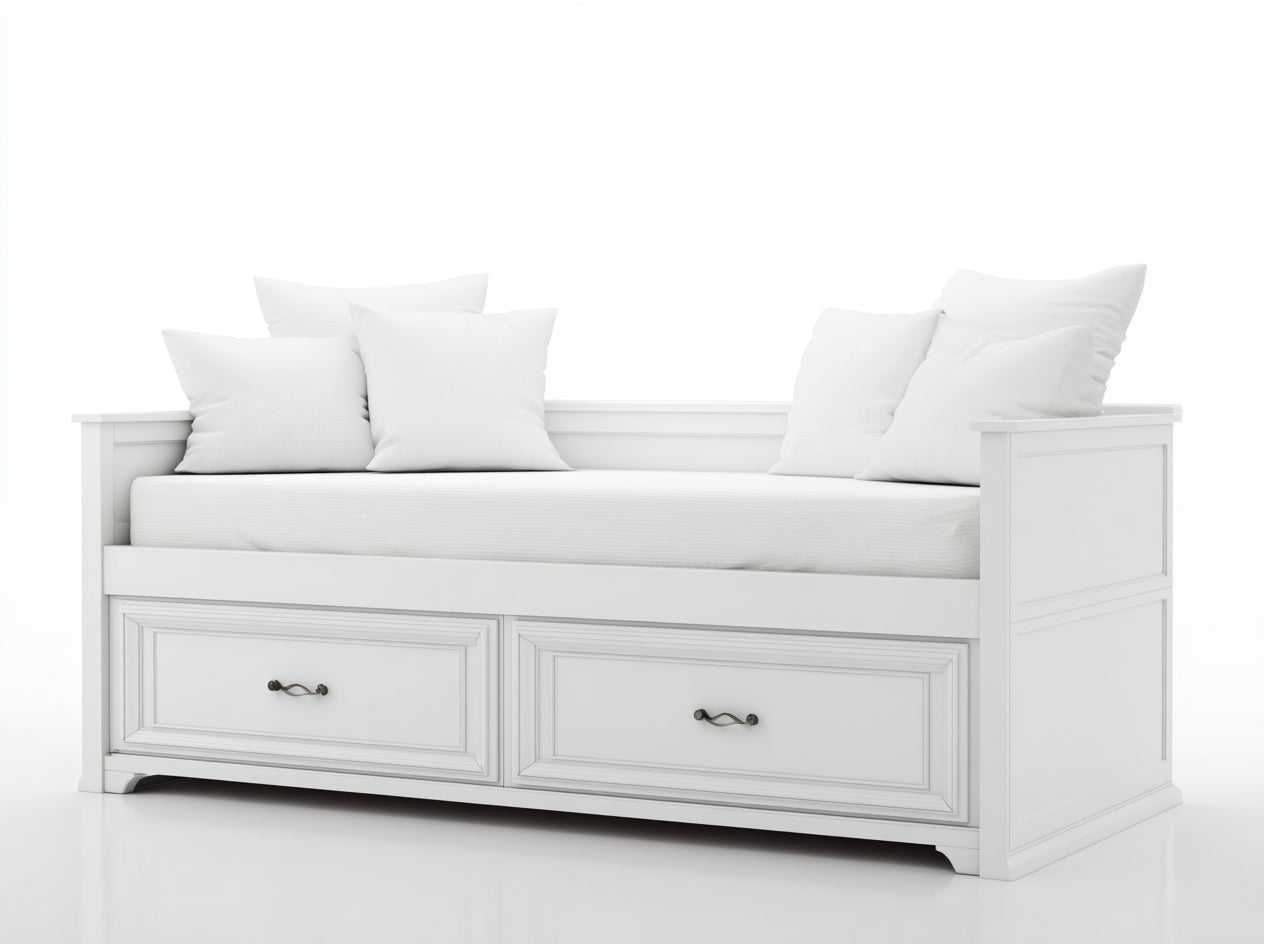 Sofás cama de madera 210 x 98 x 88 cm - blanco y metal oscuro - diseño clásico con 2 cajones