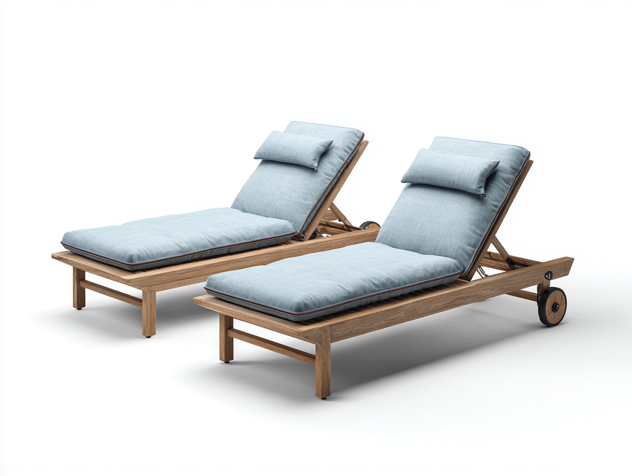 Juego de 2 tumbonas de madera con respaldo ajustable y ruedas 200x72x89 cm marrón natural-azul claro para jardín diseño moderno