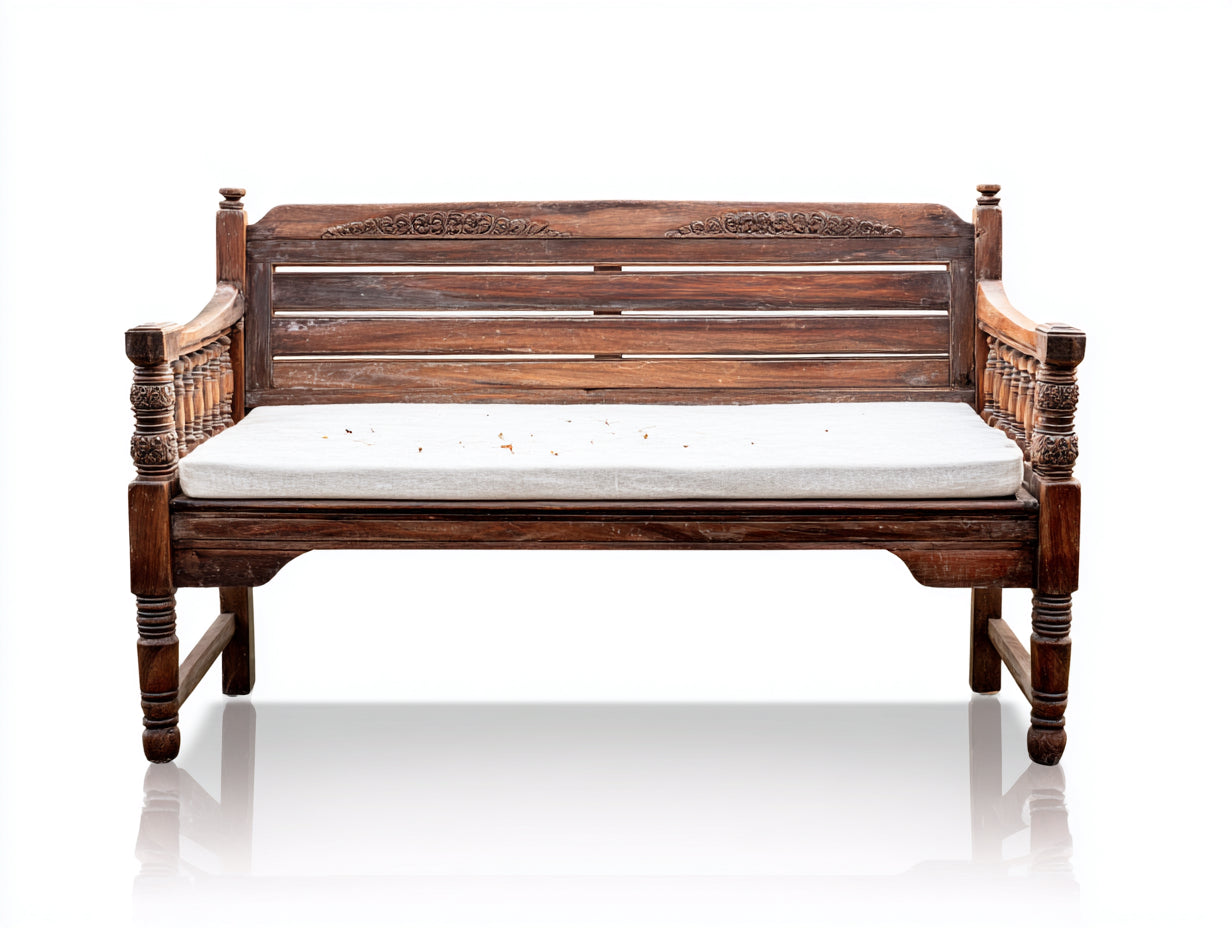Bancos de jardín de madera maciza 180x66x88 cm - marrón oscuro-blanco - respaldo tallado con cojín