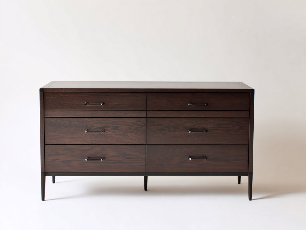 Cómodas de madera 150x45x82 cm - nogal oscuro-negro - seis cajones con tiradores metálicos