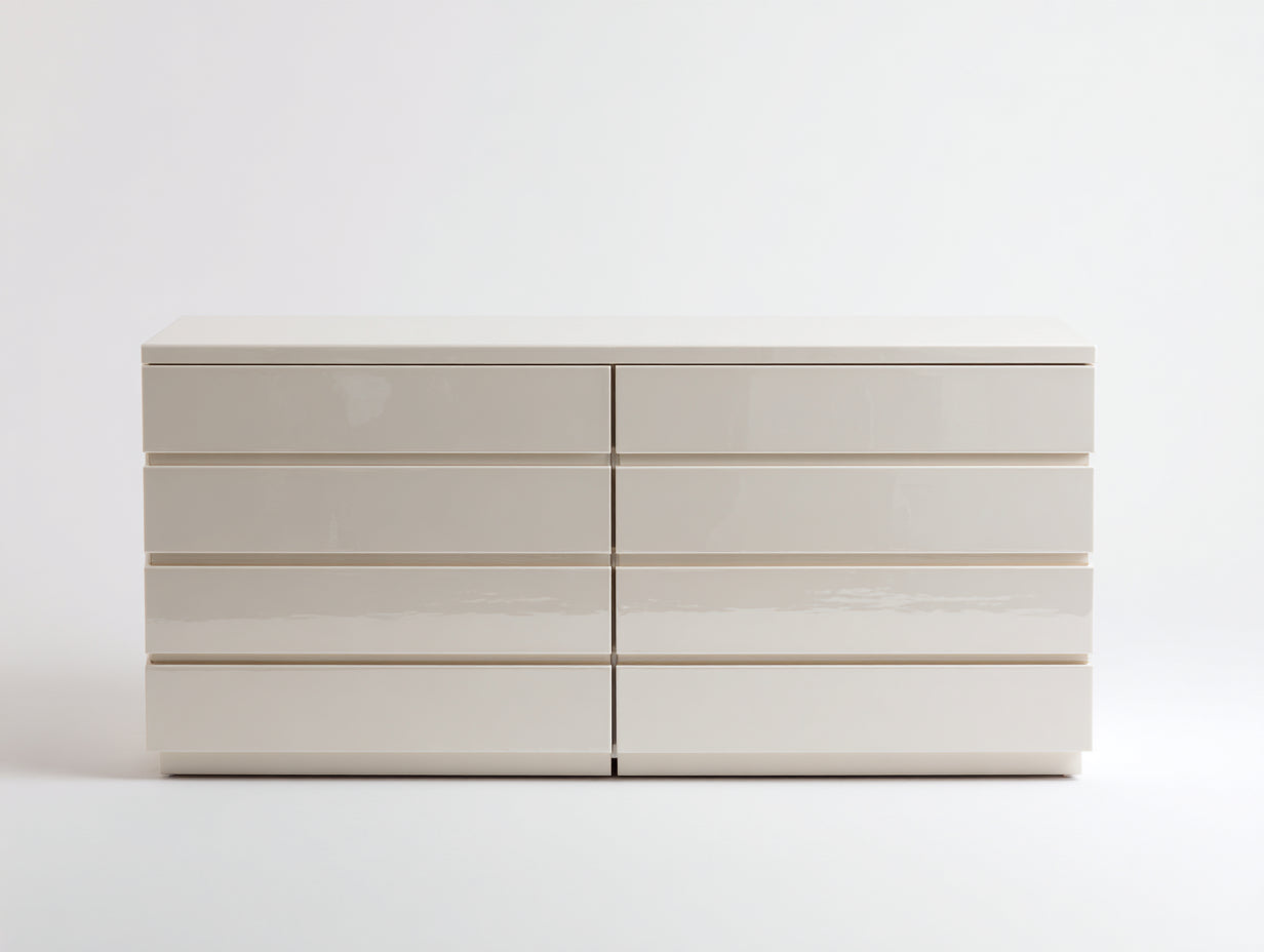 Cómodas de 8 cajones en MDF lacado 160x45x76 cm blanco crema para dormitorio estilo moderno