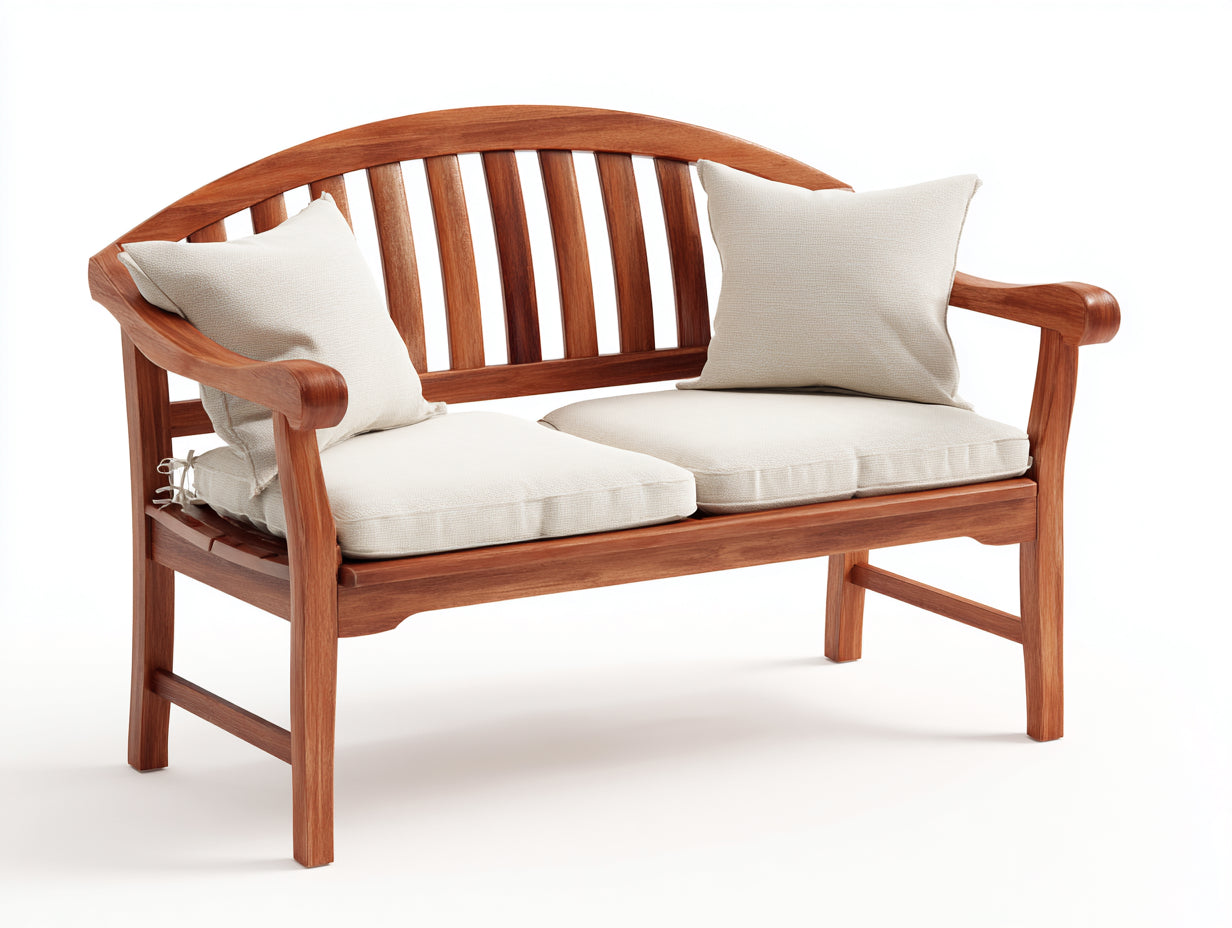 Bancos de jardín de madera maciza 165x64x86 cm - marrón natural-beige - respaldo curvo con cojines