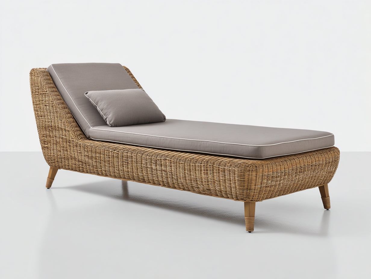 Tumbonas de ratán trenzado 200x76x82 cm marrón natural para exterior con colchoneta gris topo estilo natural