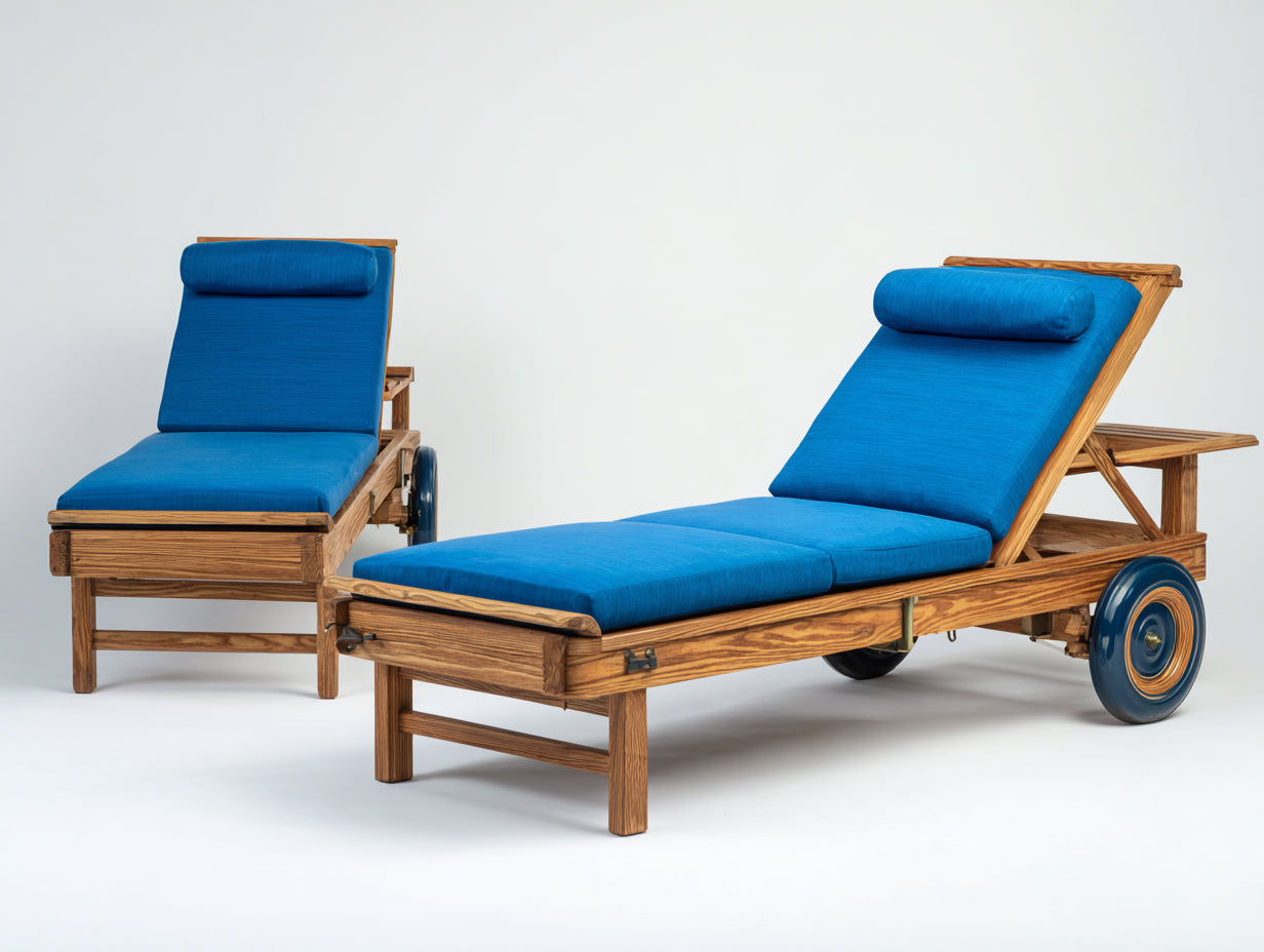 Tumbonas de madera maciza 198x70x82 cm - madera natural-azul - respaldo reclinable con ruedas