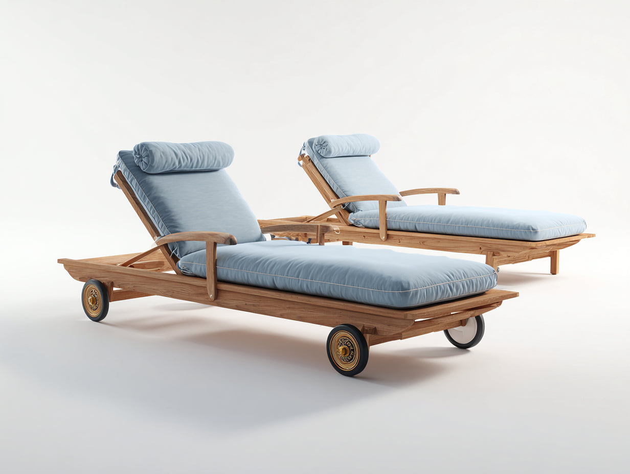 Juego de 2 tumbonas de madera con respaldo ajustable y ruedas 205x75x95 cm marrón natural y azul claro para jardín diseño clásico