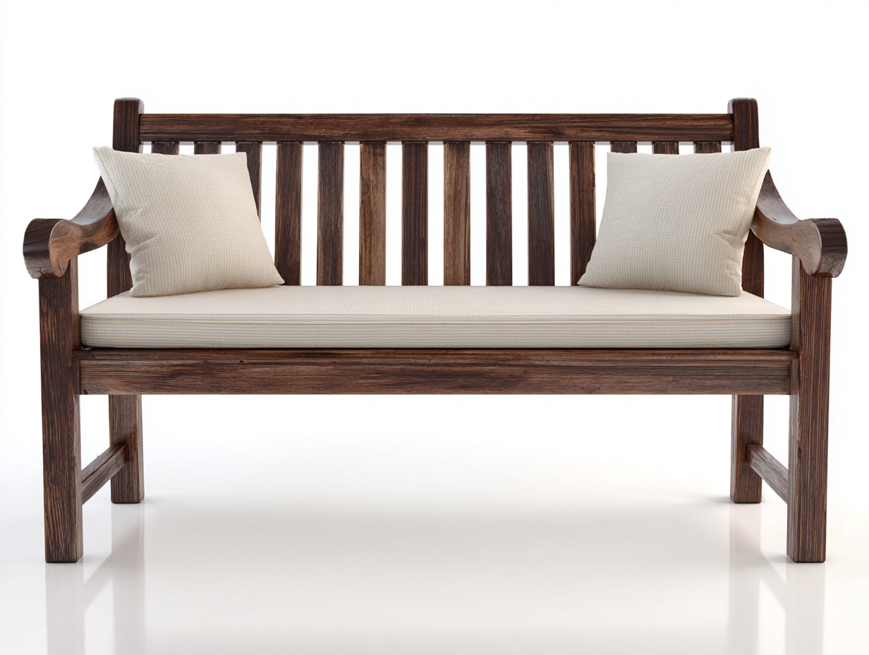 Bancos de jardín de madera maciza 150x60x90 cm - marrón oscuro-crema - respaldo de listones con cojín