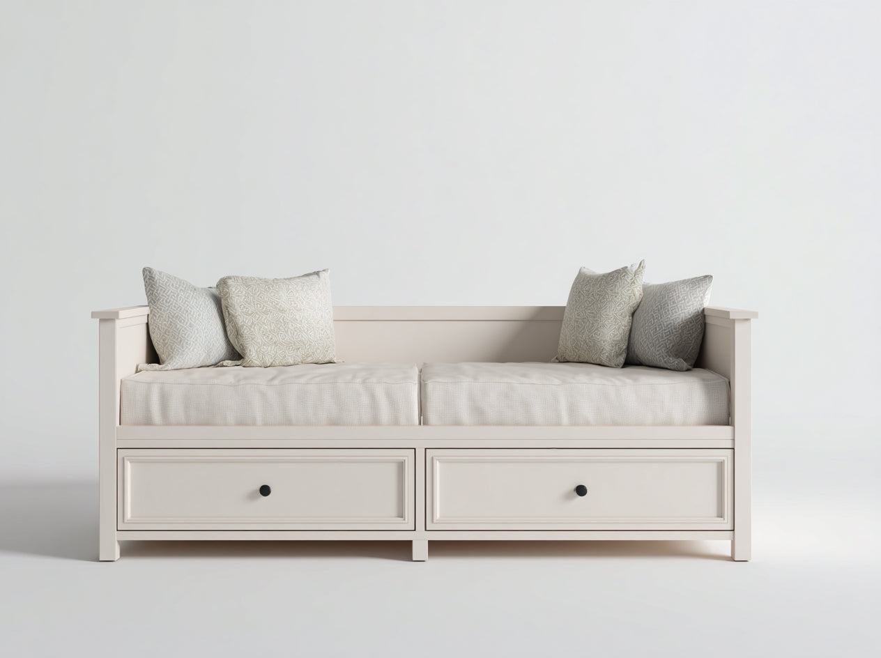 Sofás cama de madera 200x93x85 cm - blanco roto-beige - con 2 cajones