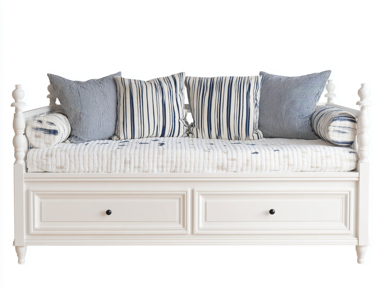 Sofás cama de madera MDF 208x100x96 cm blanco para dormitorio con 2 cajones estilo clásico