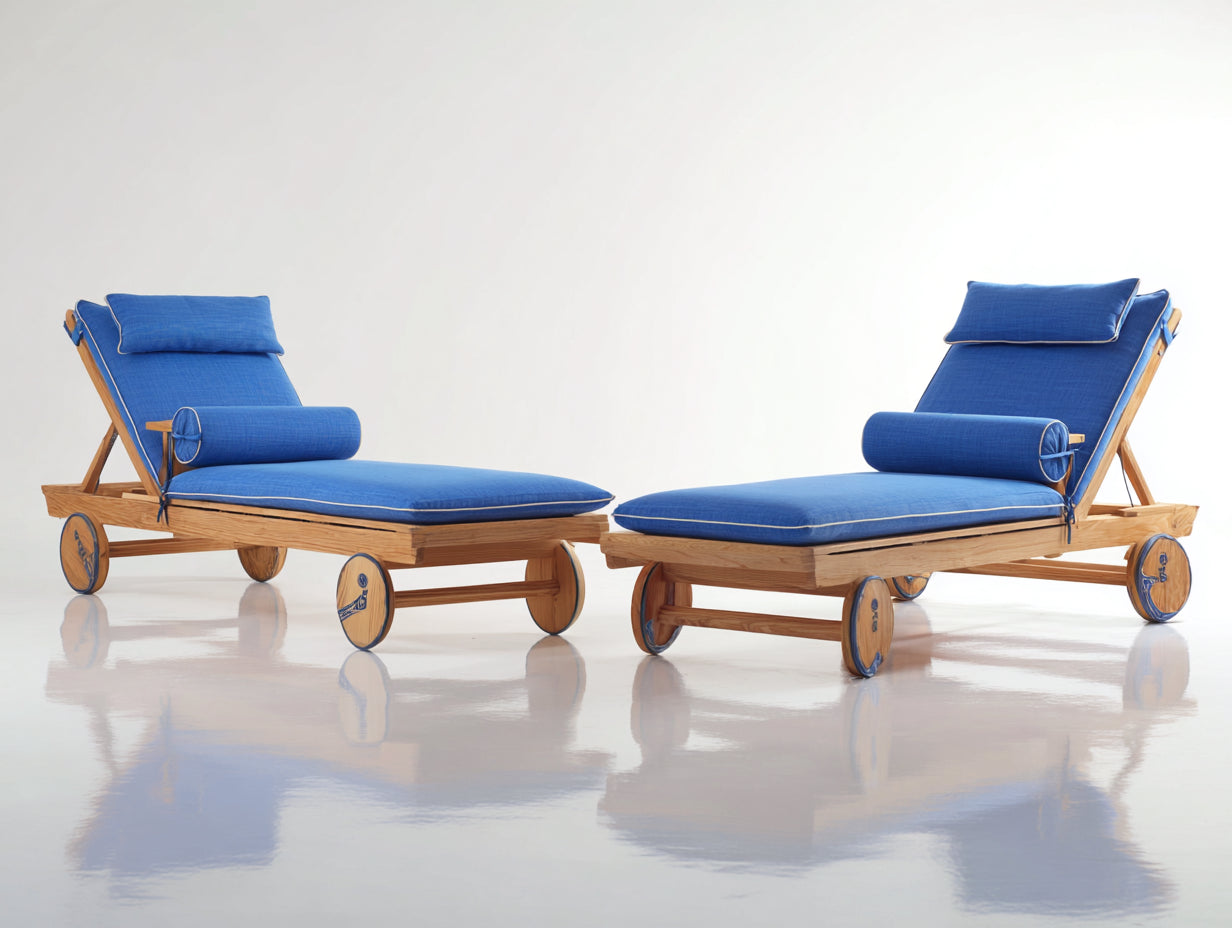 Tumbonas de madera 200x74x92 cm azul y marrón natural para exterior con ruedas estilo clásico
